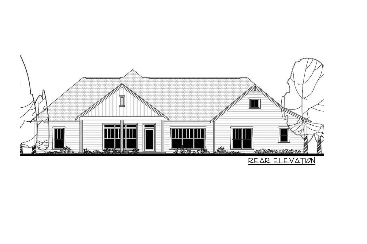 Rear elevation drawing of a one-story house with a prominent gable, a covered entrance, and multiple windows.