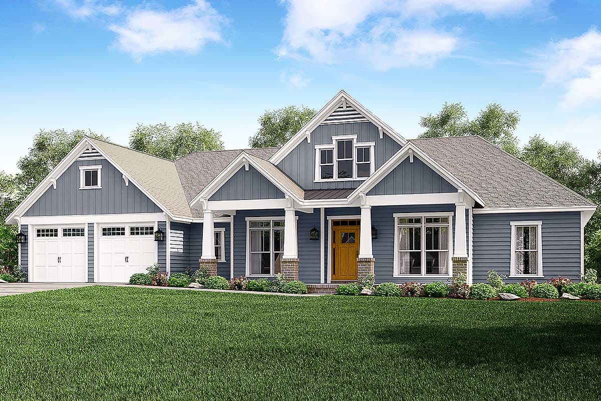 House plan exterior with Craftsman style. Features include gabled roof, front porch with columns, and attached garage with two bays.