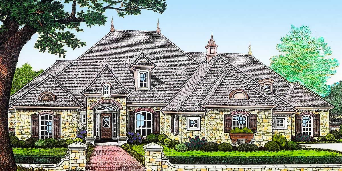 House plan exterior. Stone facade, multi-gabled roof, and arched entry. Features include dormers and decorative finials.