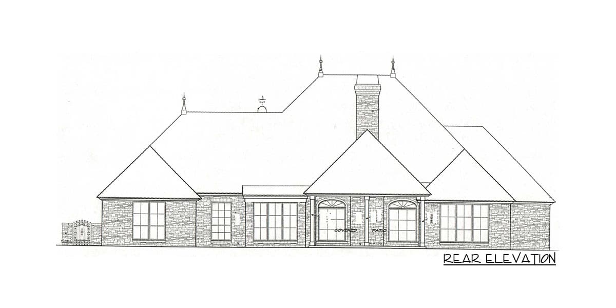 Rear elevation drawing of a house plan featuring a hip roof, brick facade, multiple gables, large windows, and a covered patio.