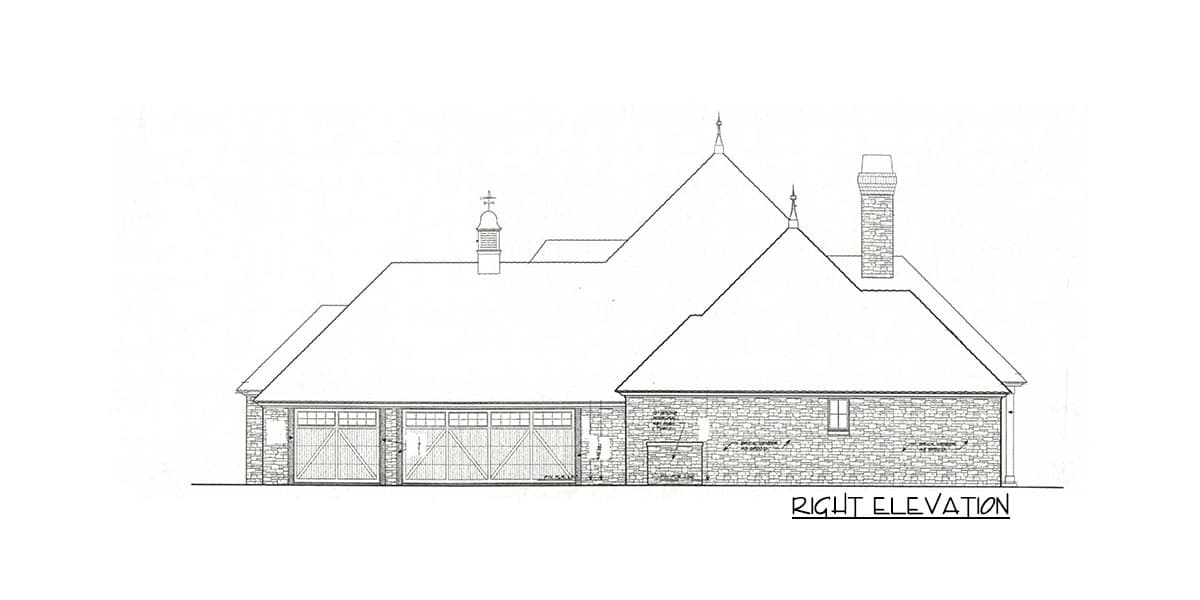 House plan right elevation drawing showing stone facade, two garage doors, gabled roof, and cupola.