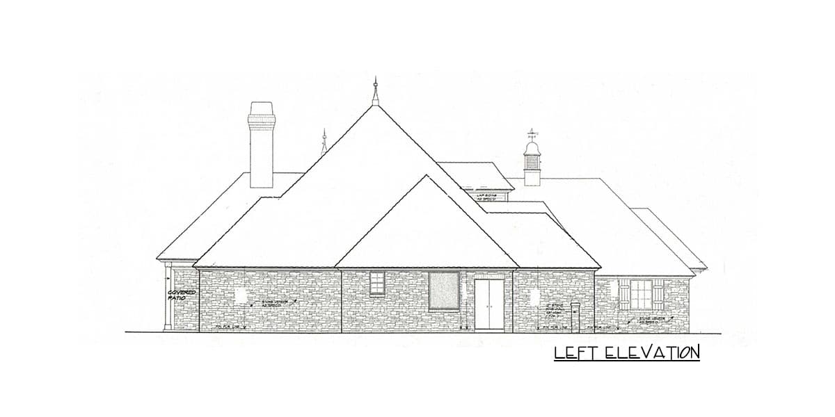 Left elevation house plan drawing with stone exterior, multiple gables, dormers, chimney, and covered patio.