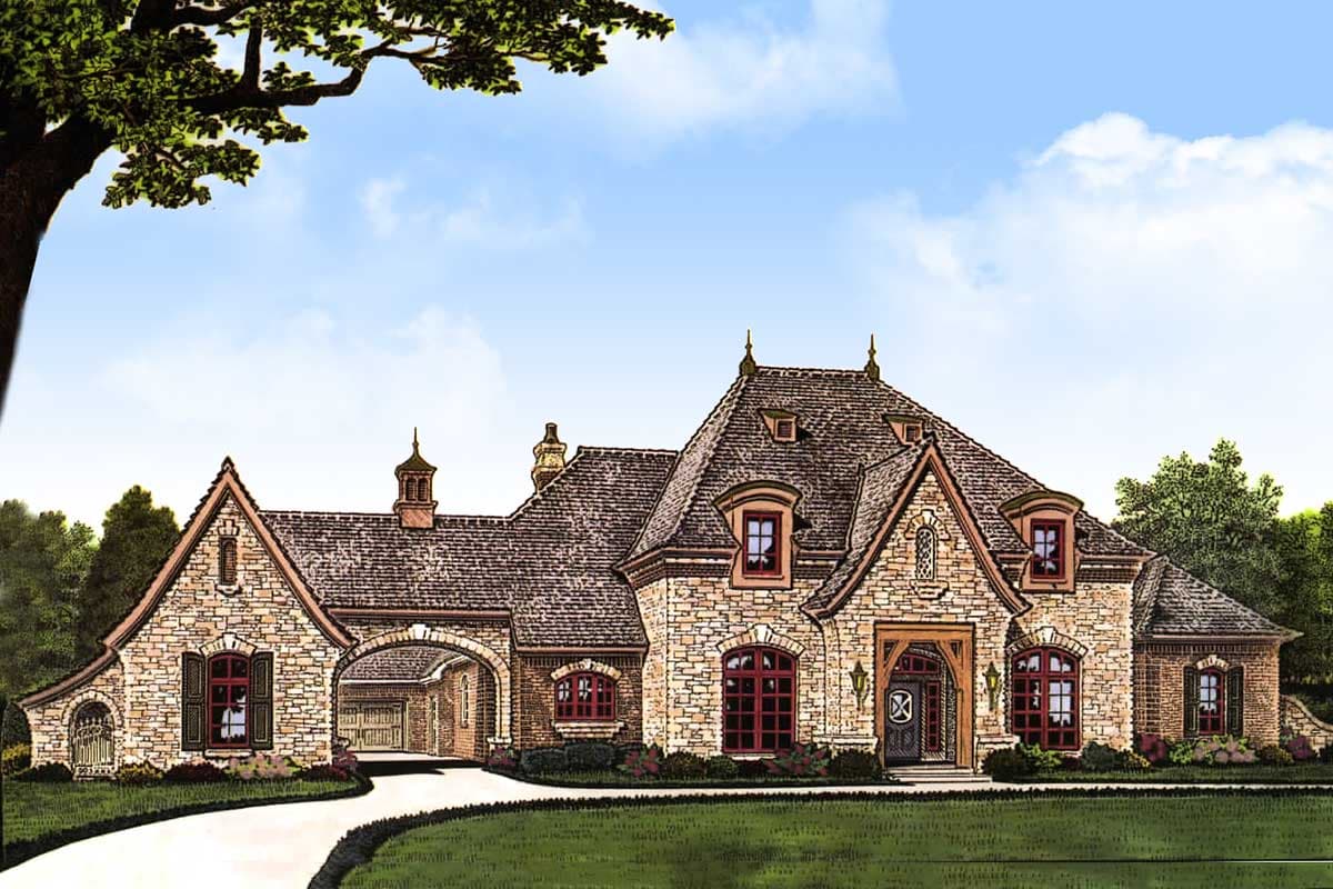 House plan exterior. Stone and brick facade with multiple gables, dormers, and arched entryway to garage. Steeply pitched roof.