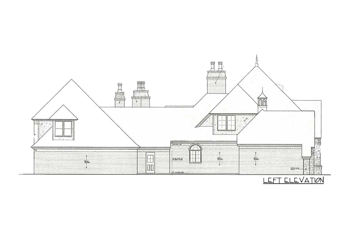 Left elevation drawing of house plan featuring varied rooflines, multiple gables, dormers, and chimneys.
