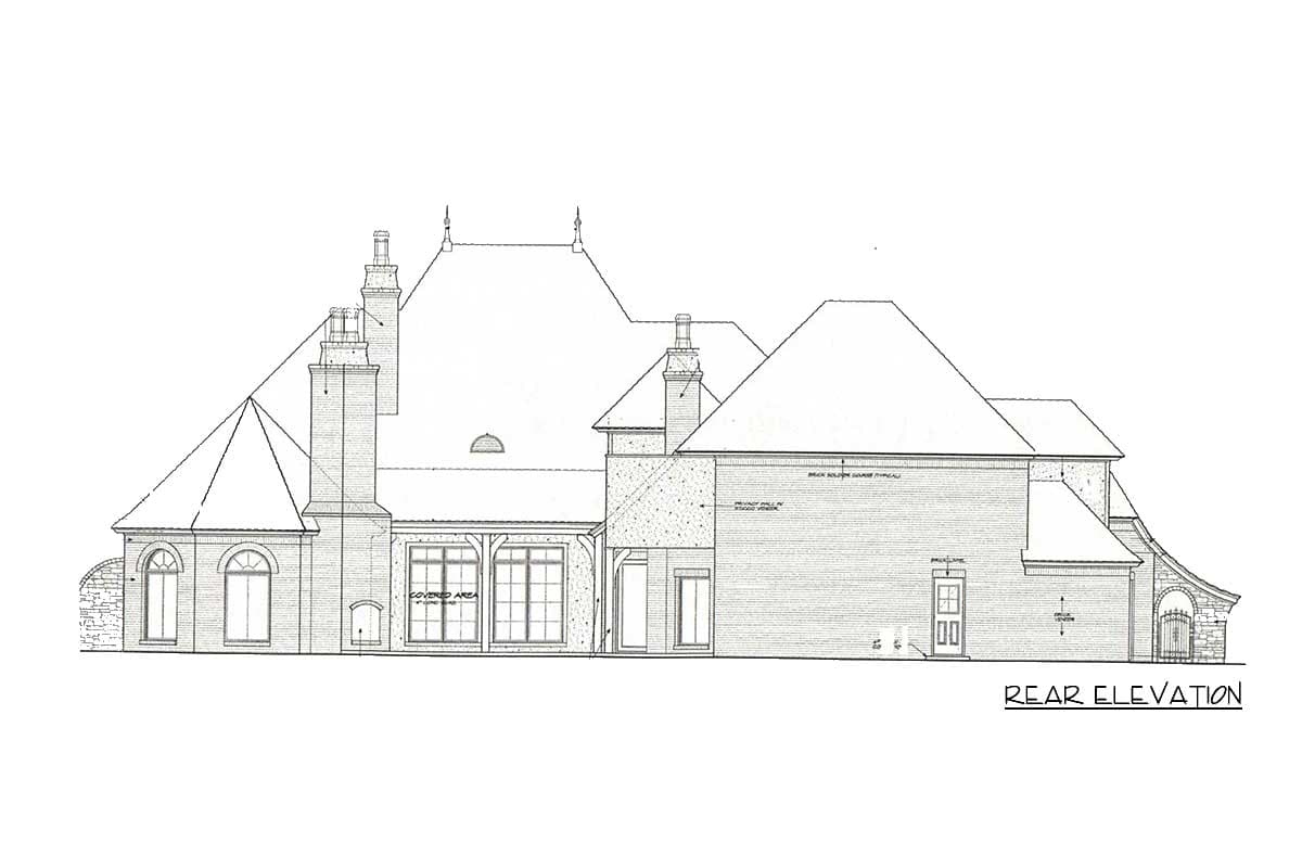 Rear elevation drawing of a multi-story house plan, featuring dormers, gables, chimneys, and a covered area.
