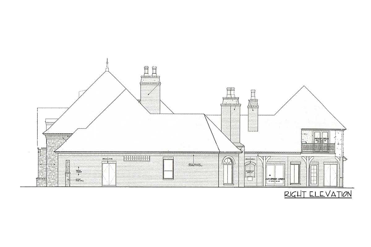 House plan right elevation showing multiple gables, chimneys, covered area, and wood deck.