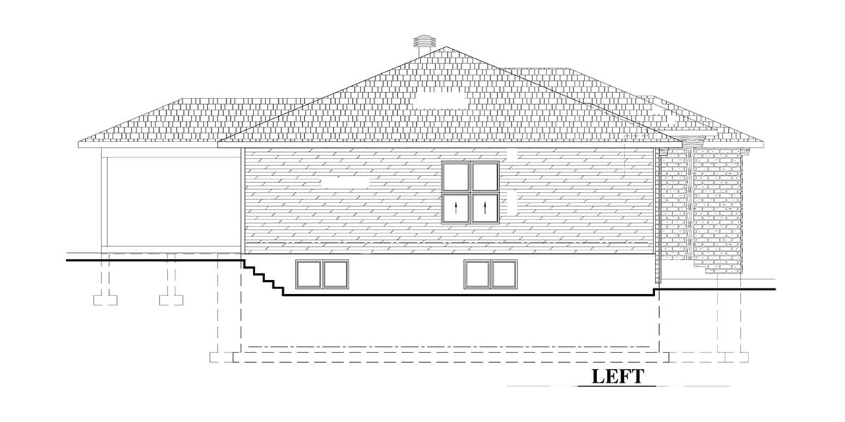Left elevation house plan: single-story, brick and siding, gable roof with dormer, attached garage.