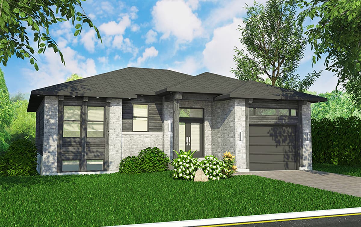 House plan exterior. One-story contemporary home with a flat roof, garage, and large windows. Features include a stone facade and front entry columns.