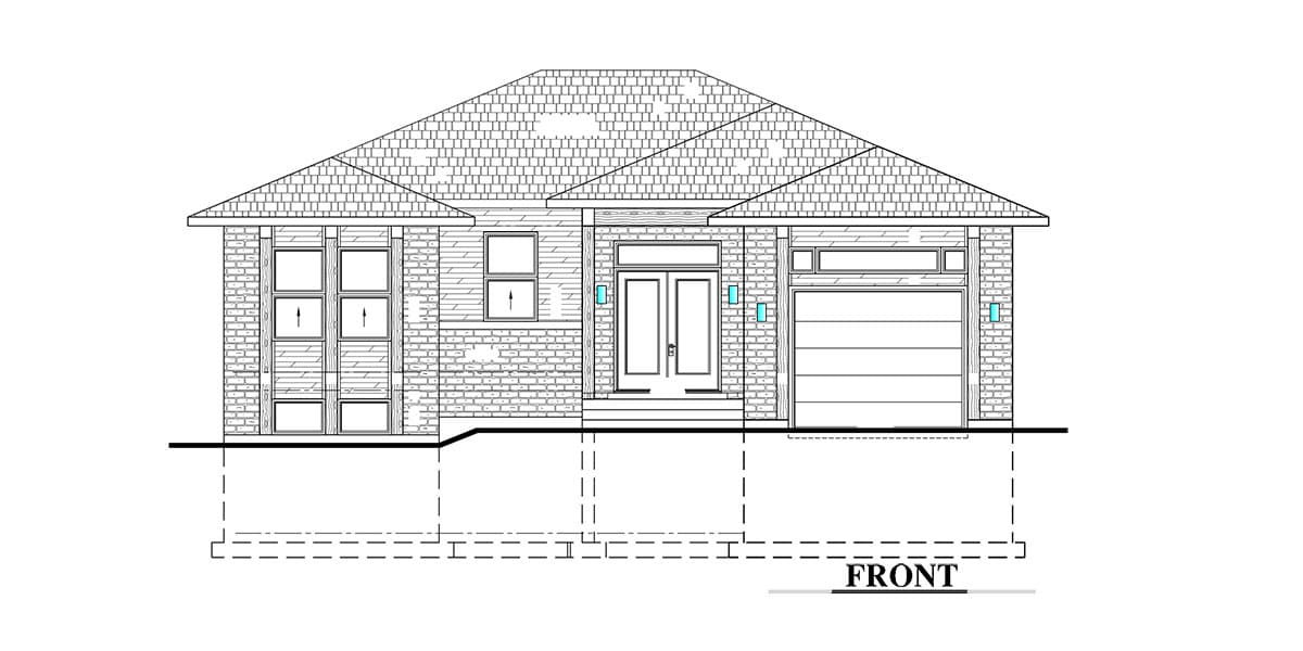 Front elevation drawing of a one-story house plan featuring a central double door entry, garage, and brick facade.
