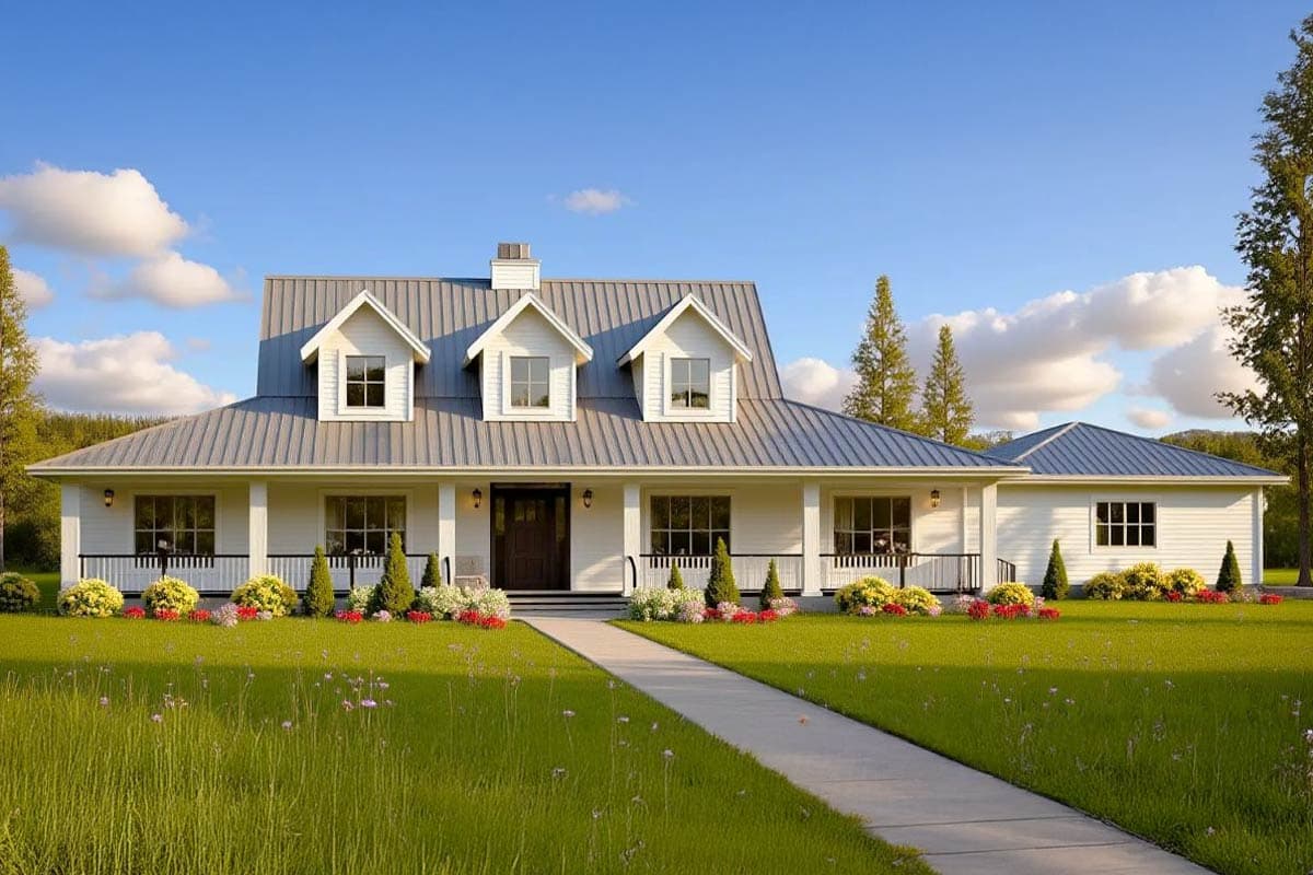 House plan exterior. Farmhouse style home with a single story, long front porch, three dormers, and a metal roof.