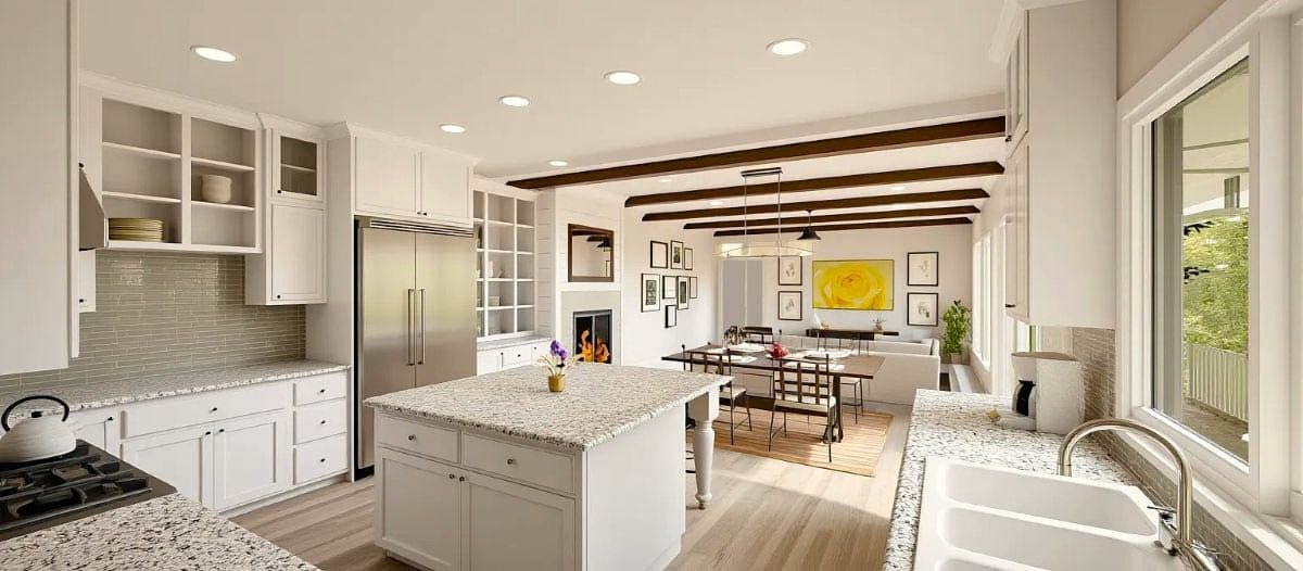 Open concept kitchen, dining, and living area with island, fireplace, and exposed beams.