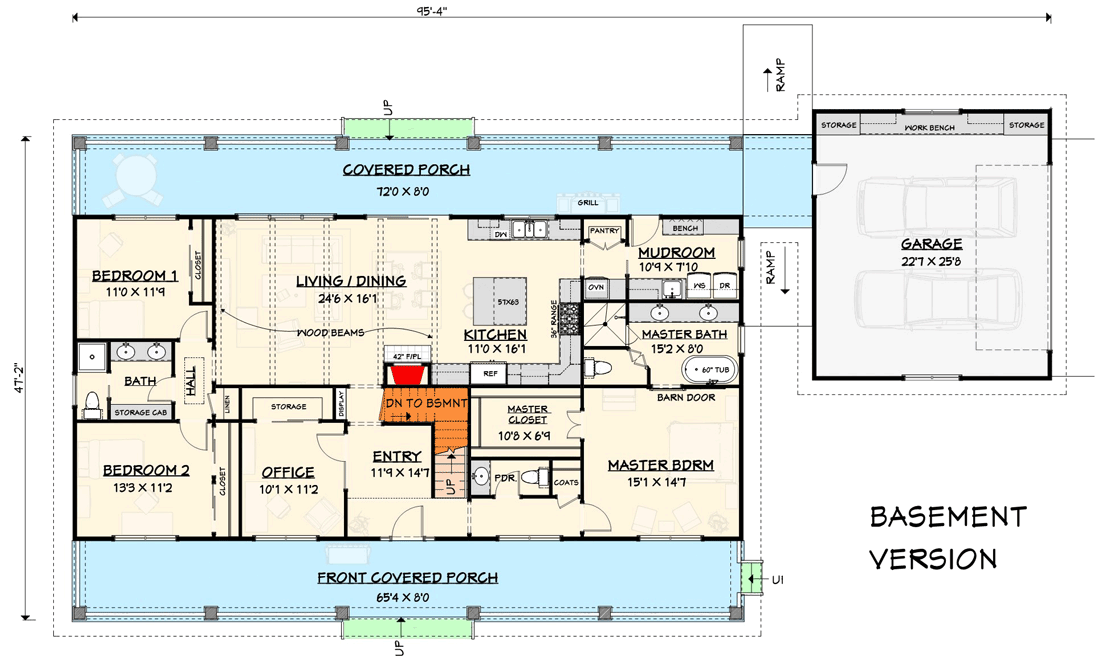Plan 28909JJ: Country Farmhouse Home Plan with Office and Upstairs Game Room - 2653 Sq Ft - Floor Plan - Main Level - Basement Foundation Option - Cottage, Country, Farmhouse, Modern Farmhouse, Southern, Traditional, Vacation