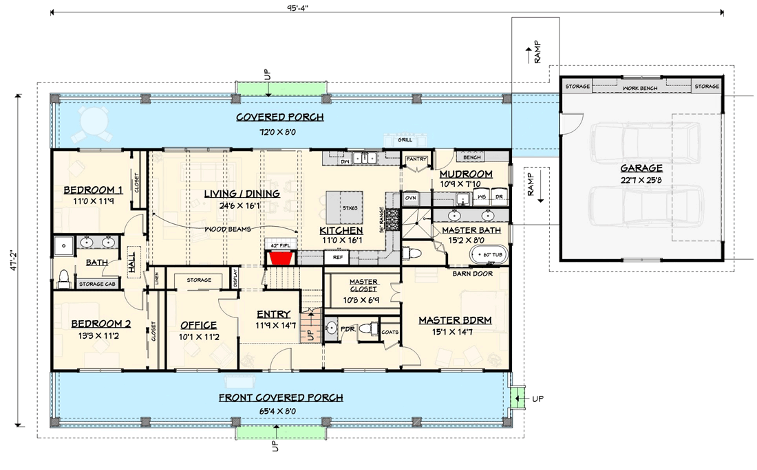 Plan 28909JJ: Country Farmhouse Home Plan with Office and Upstairs Game Room - 2653 Sq Ft - Floor Plan - Main Level - Cottage, Country, Farmhouse, Modern Farmhouse, Southern, Traditional, Vacation