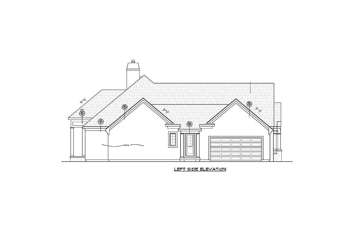 Left side elevation drawing of a house plan with a prominent gable roof, single-car garage, and a covered entry.