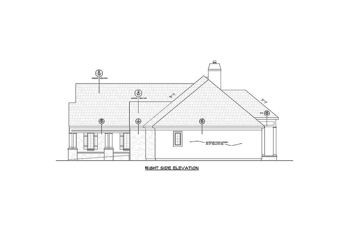 Right side elevation drawing showing a hip roof, covered porch with columns, and a chimney.