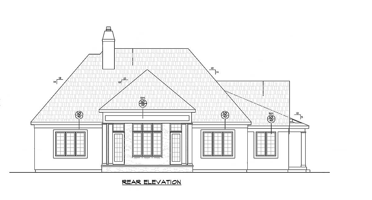 Rear elevation drawing of a house plan featuring a prominent gable, a covered entry, a chimney, and multiple windows.