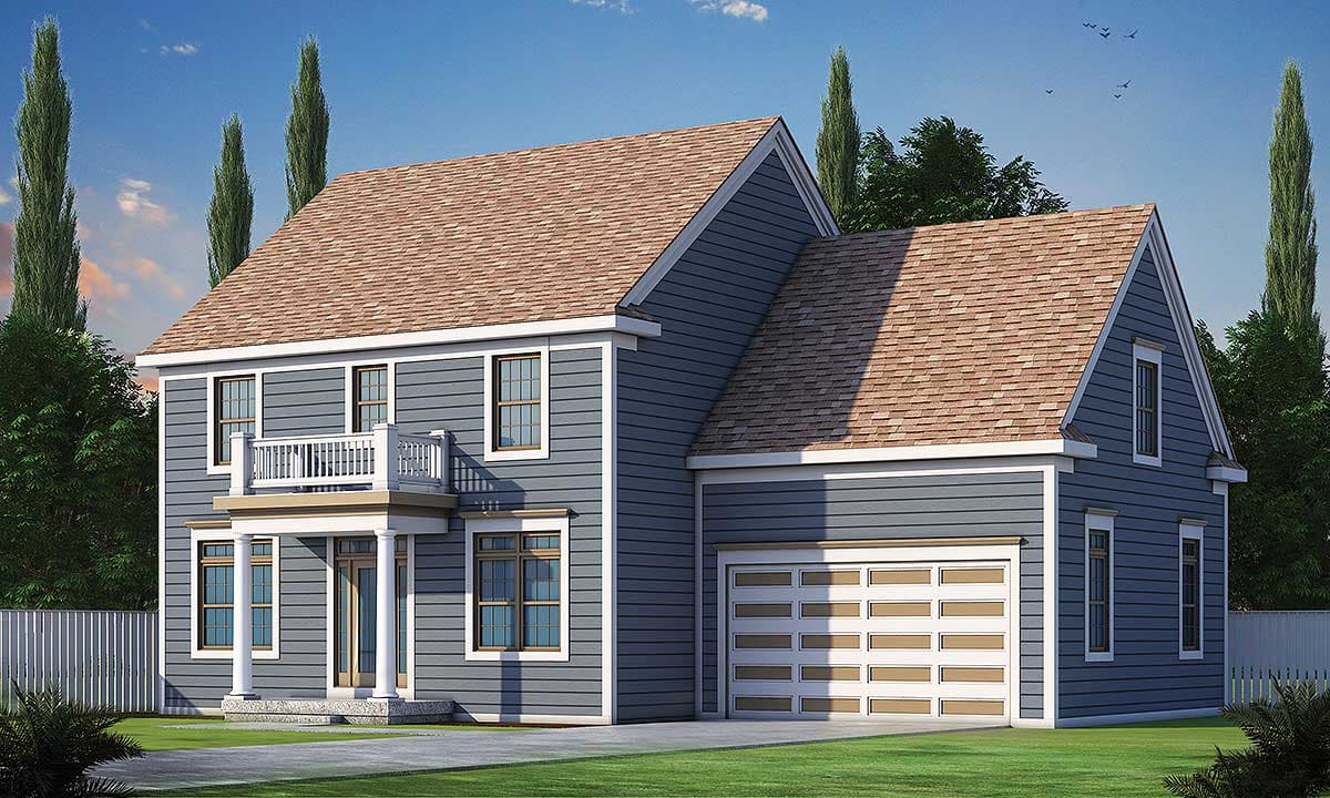 House plan exterior featuring a two-story design with gabled rooflines, a front porch, and an attached garage.
