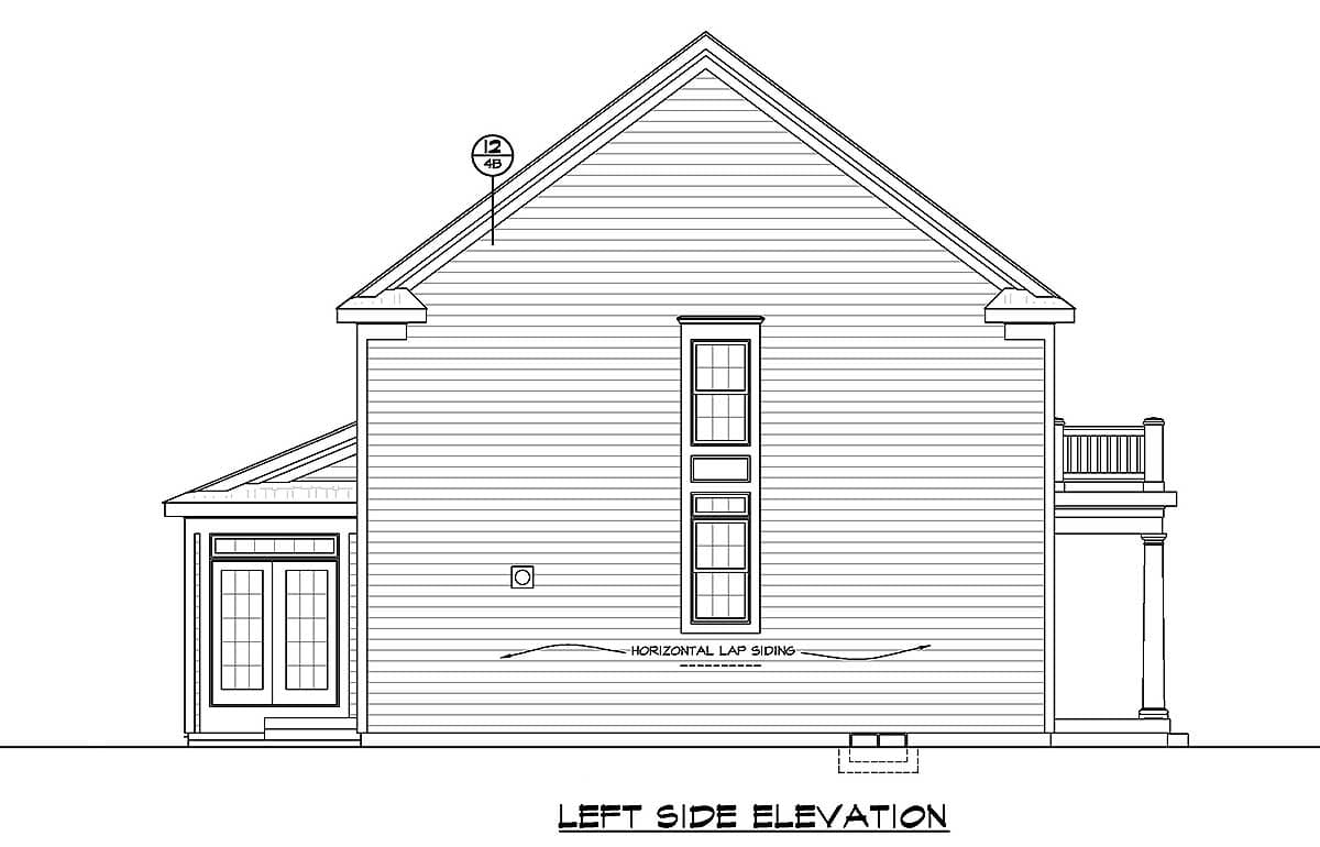 Left side elevation drawing of a house plan, showing horizontal lap siding, a multi-pane window stack, and a porch with columns.
