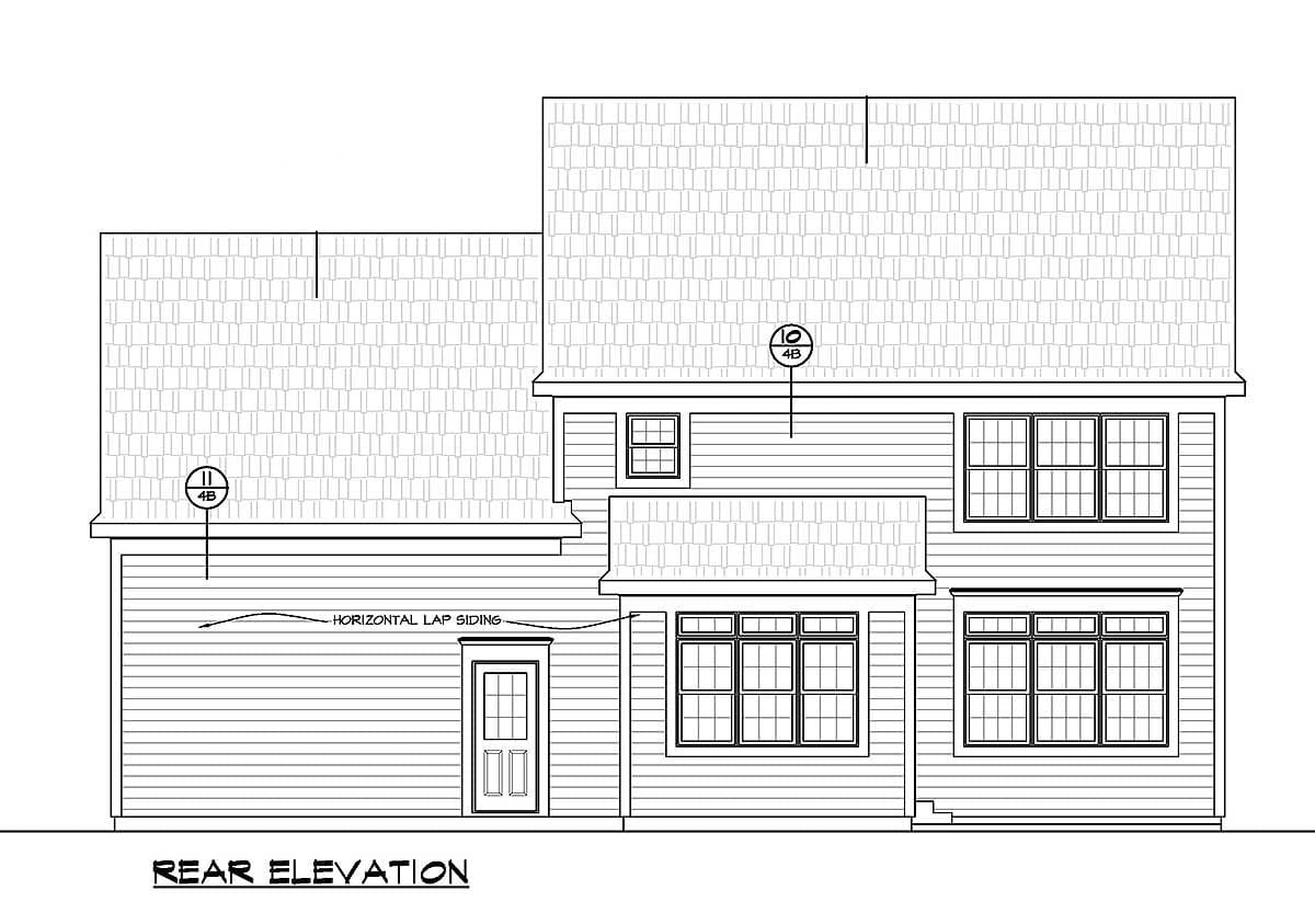 Rear elevation drawing of a two-story house with horizontal lap siding, multiple windows, and a door.
