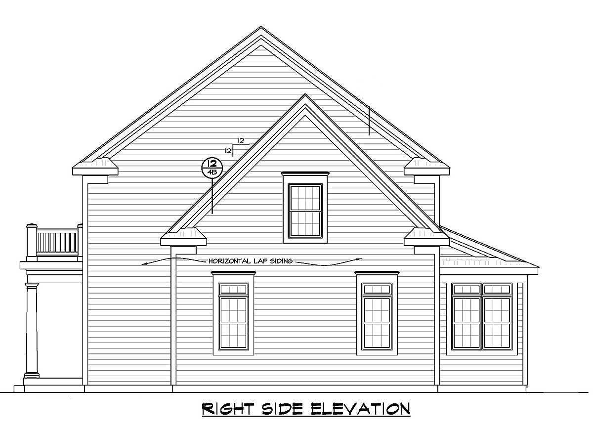 Right side elevation drawing of a two-story house with horizontal lap siding, gabled roof, and multiple windows.