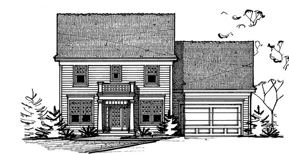 House plan exterior: Two-story home with central entrance, second-story balcony, and attached two-car garage.