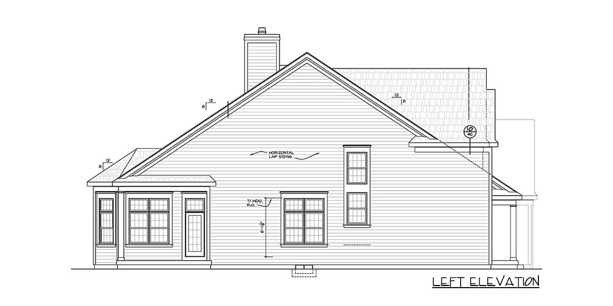 Left elevation house plan with horizontal lap siding, gable roof, prominent chimney, and multiple windows.