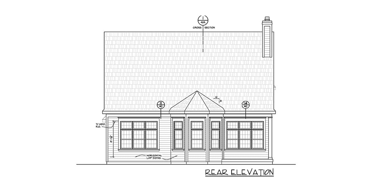Rear elevation drawing showing horizontal lap siding, multi-pane windows, a polygonal roof dormer, and a chimney.