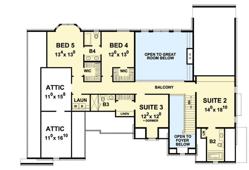 Plan 42402DB: Euro-style House Plan with 2-Story Great Room and Laundry Upstairs - Floor Plan - Second Level - European, French Country, Traditional