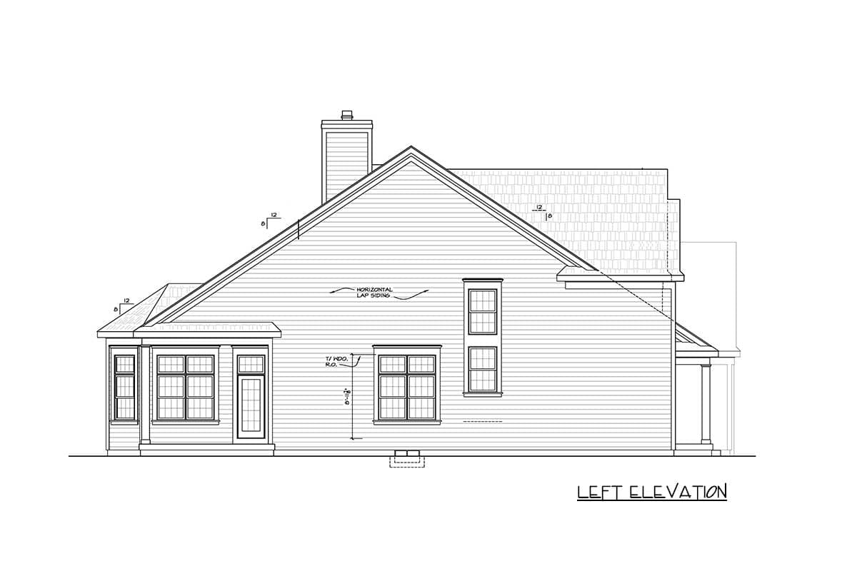 Left elevation of a house plan showing horizontal lap siding, multiple windows, a prominent gable, and a chimney.
