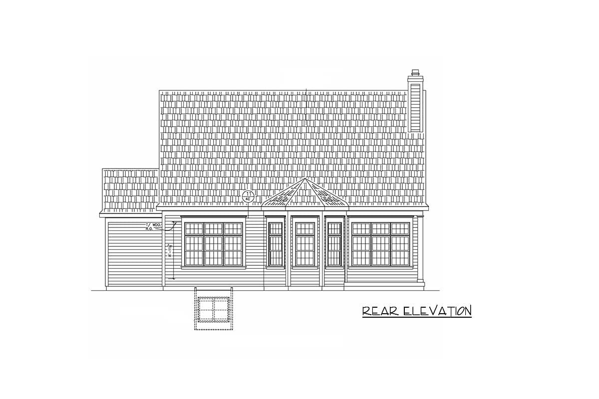 Rear elevation drawing showing a house with a gable roof, bay window, chimney, and attached garage.