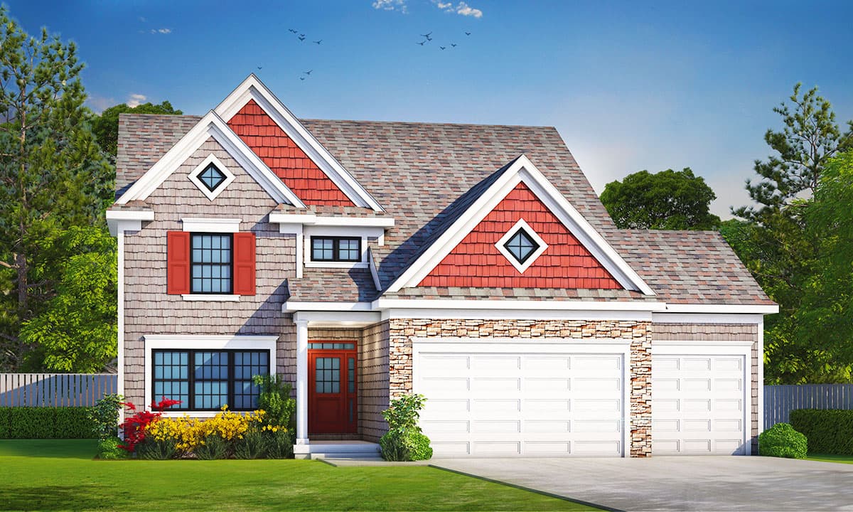 House plan exterior featuring Craftsman style, two stories, gables, a front-facing garage, and dormer windows.