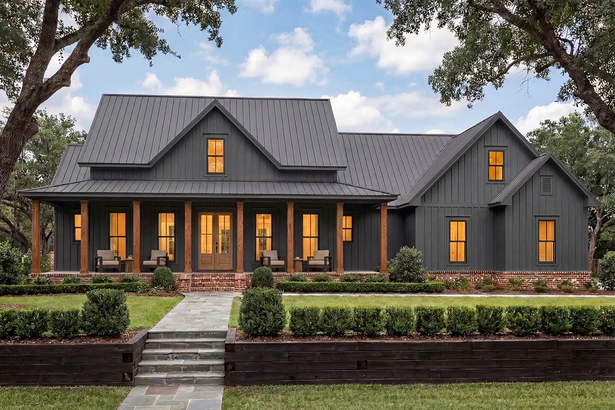 Modern Farmhouse house plan exterior with a wraparound porch, board and batten siding, and metal roof.