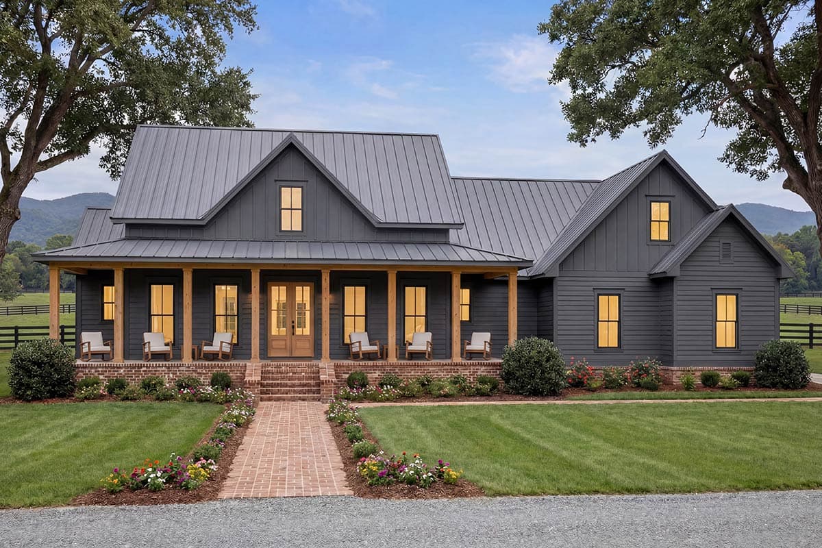 Modern Farmhouse house plan exterior with metal roof, deep porch with wood columns, and double entry doors.