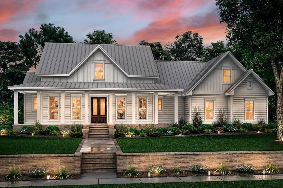 House plan exterior. Modern Farmhouse style, one story, with a covered porch, gabled roof, and multiple dormers.