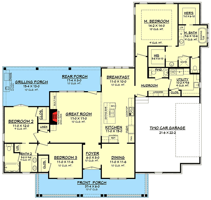 Plan 51761HZ: Classic 3-Bed Country Farmhouse Plan - 1993 Sq Ft - Floor Plan - Main Level - Country, Farmhouse, Modern Farmhouse, Southern, Traditional