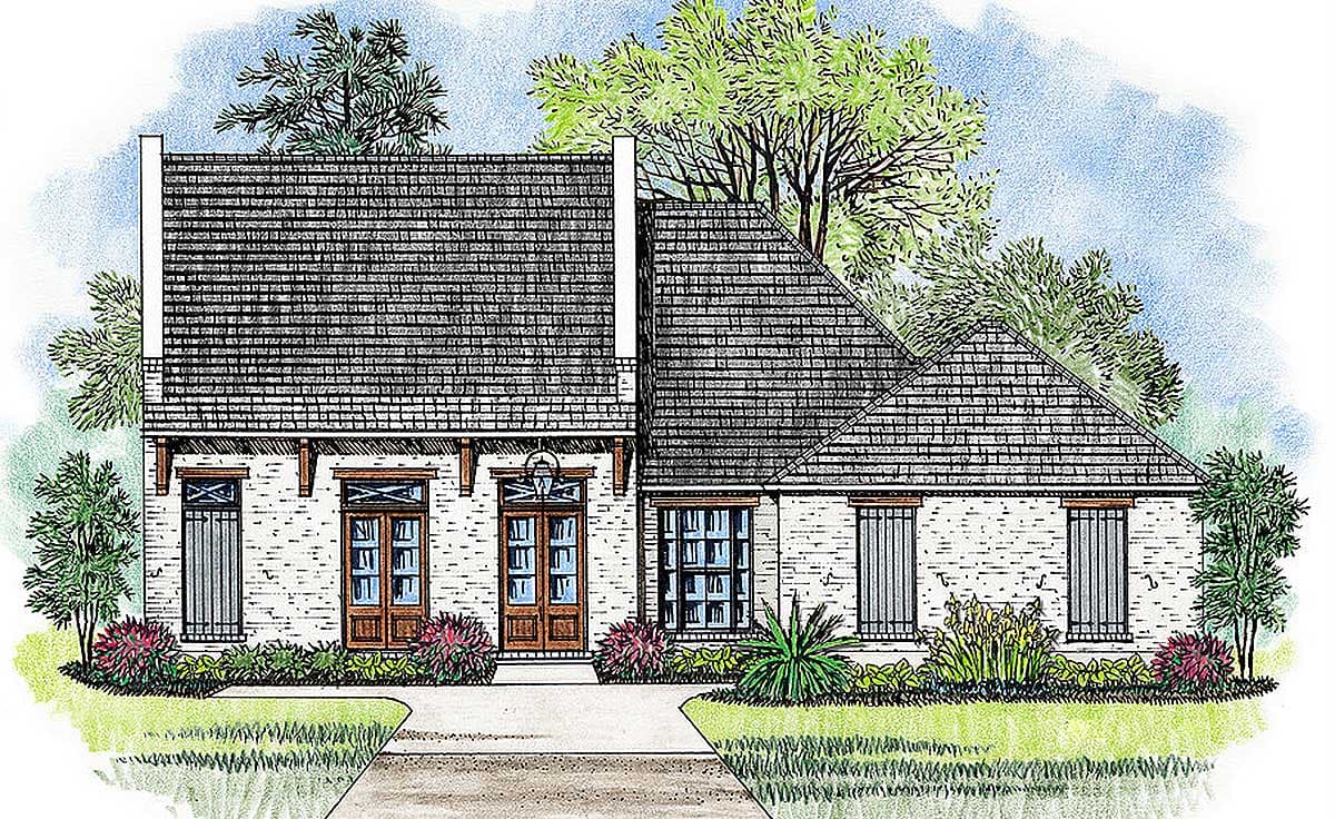 House plan exterior with brick facade, gable roof, and a front entry porch with decorative brackets. Two story plan with a chimney visible.