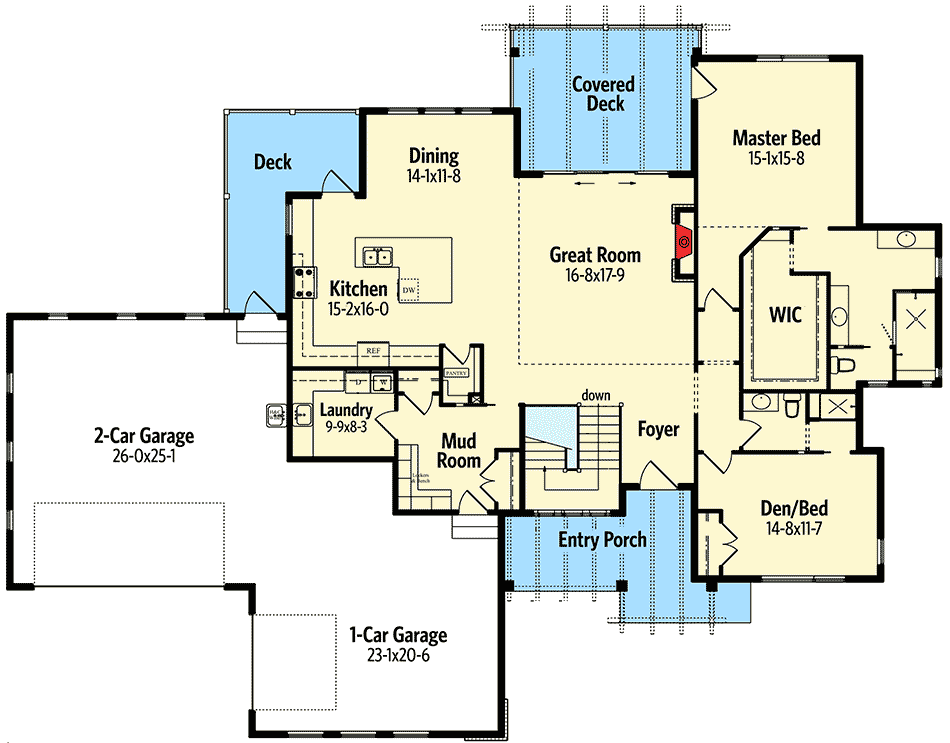 Plan 95036RW: Craftsman House Plan for a Sloping Lot - Floor Plan - Main Level - Craftsman, Northwest, Rustic