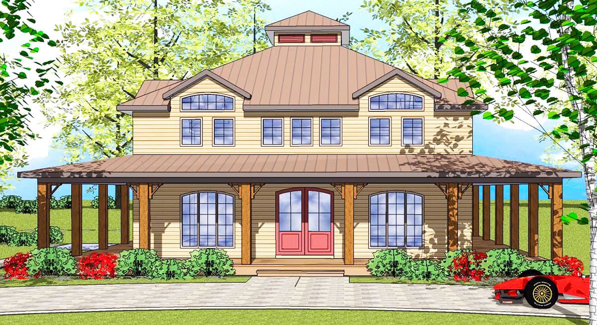 House plan exterior with two stories. Features a wide porch with columns, a metal roof, and dormers. Includes a cupola on the roof.
