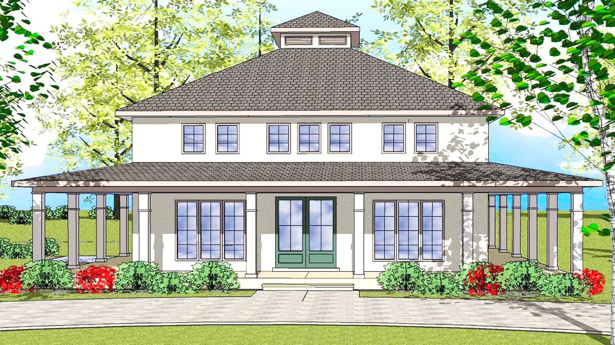 House plan exterior. Two-story home with a wraparound porch, a hipped roof, and a cupola. Large windows and a symmetrical facade.