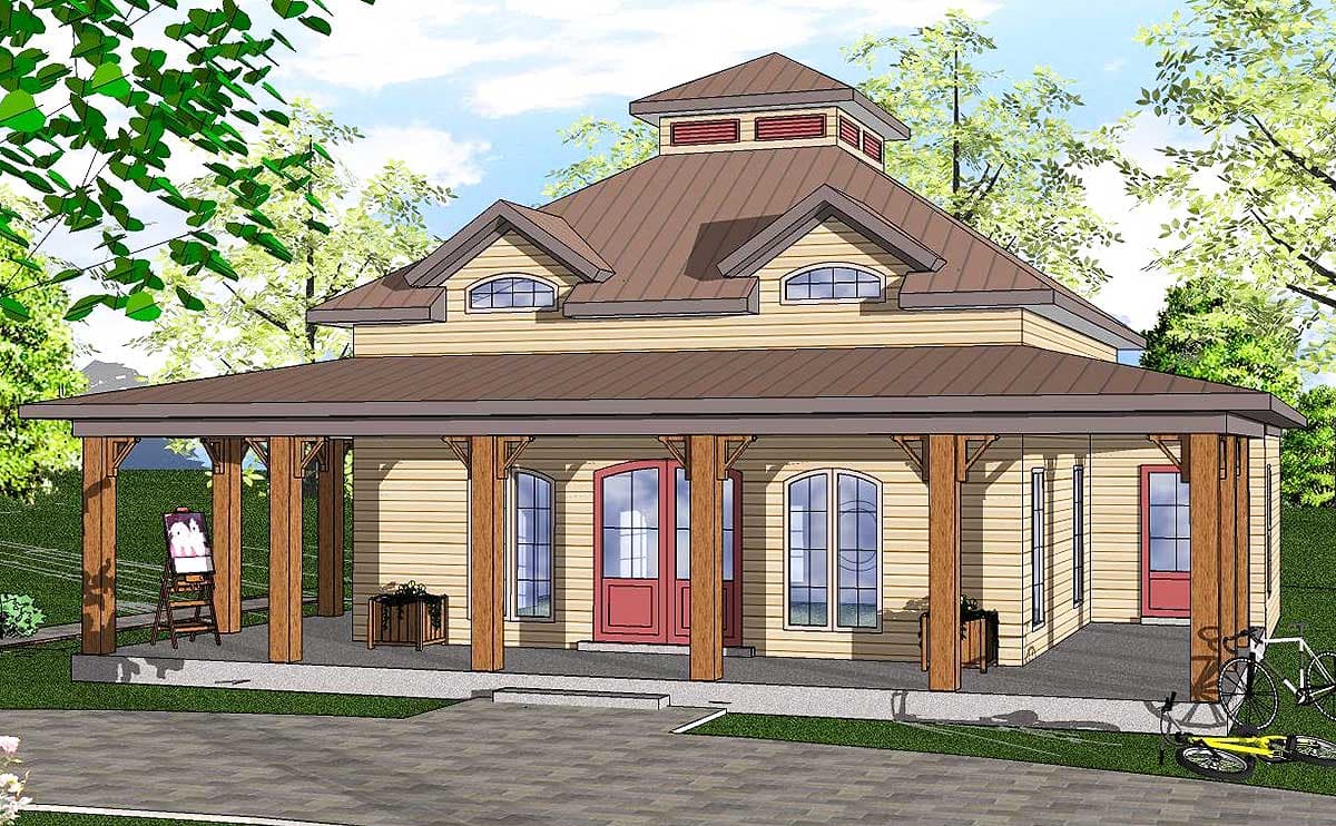 House plan exterior with Craftsman style. Features include a wraparound porch with wood columns, gables with dormer windows, and a cupola.