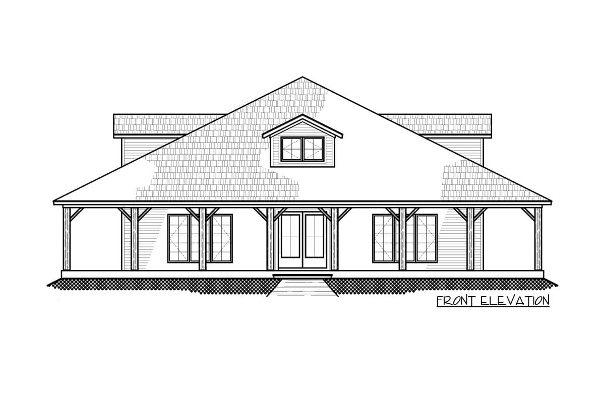 Front elevation drawing of a house plan featuring a wide, covered porch with wood supports, multiple windows, double front doors, and a dormer.