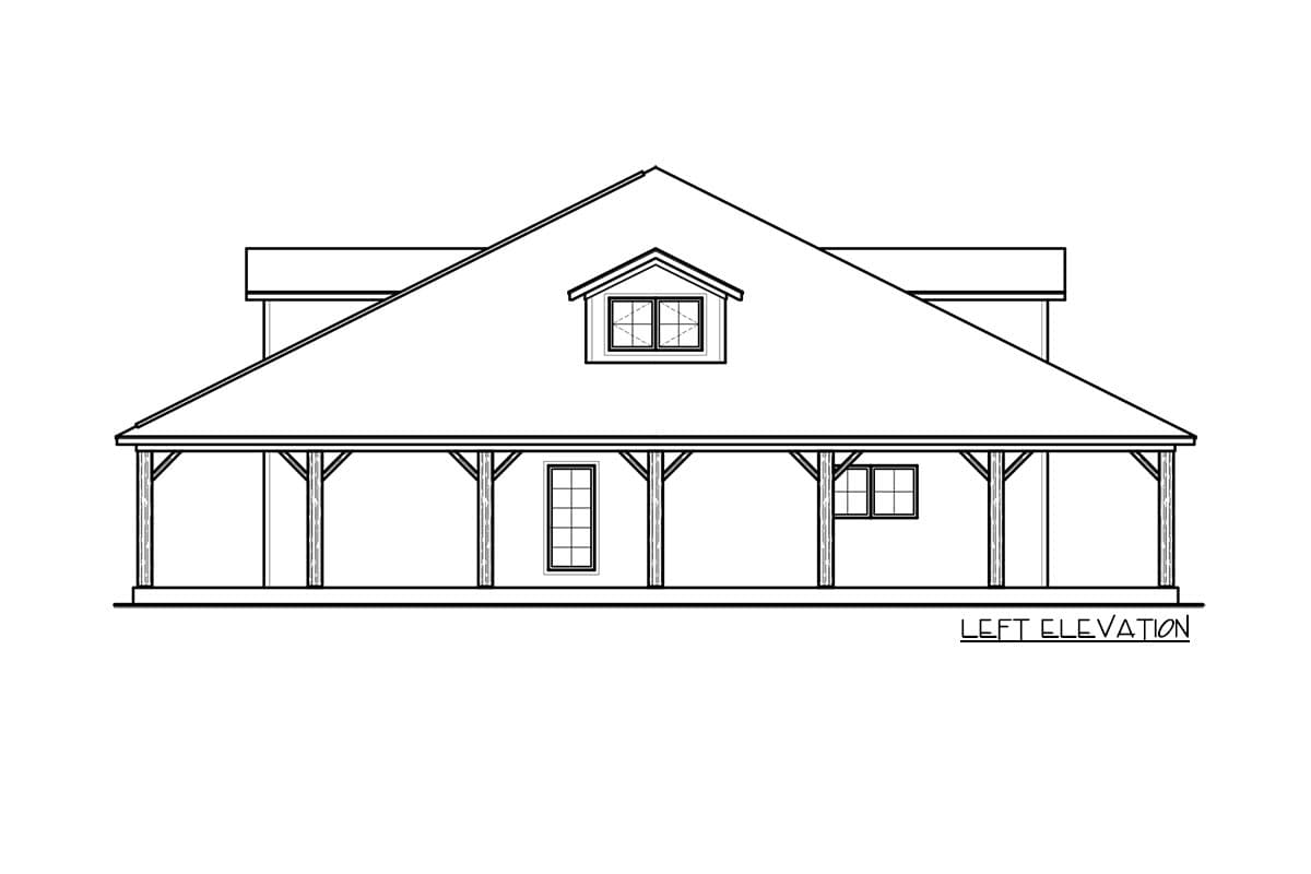 Left elevation of a house plan with a prominent gabled roof, dormer, and covered porch supported by wooden posts.