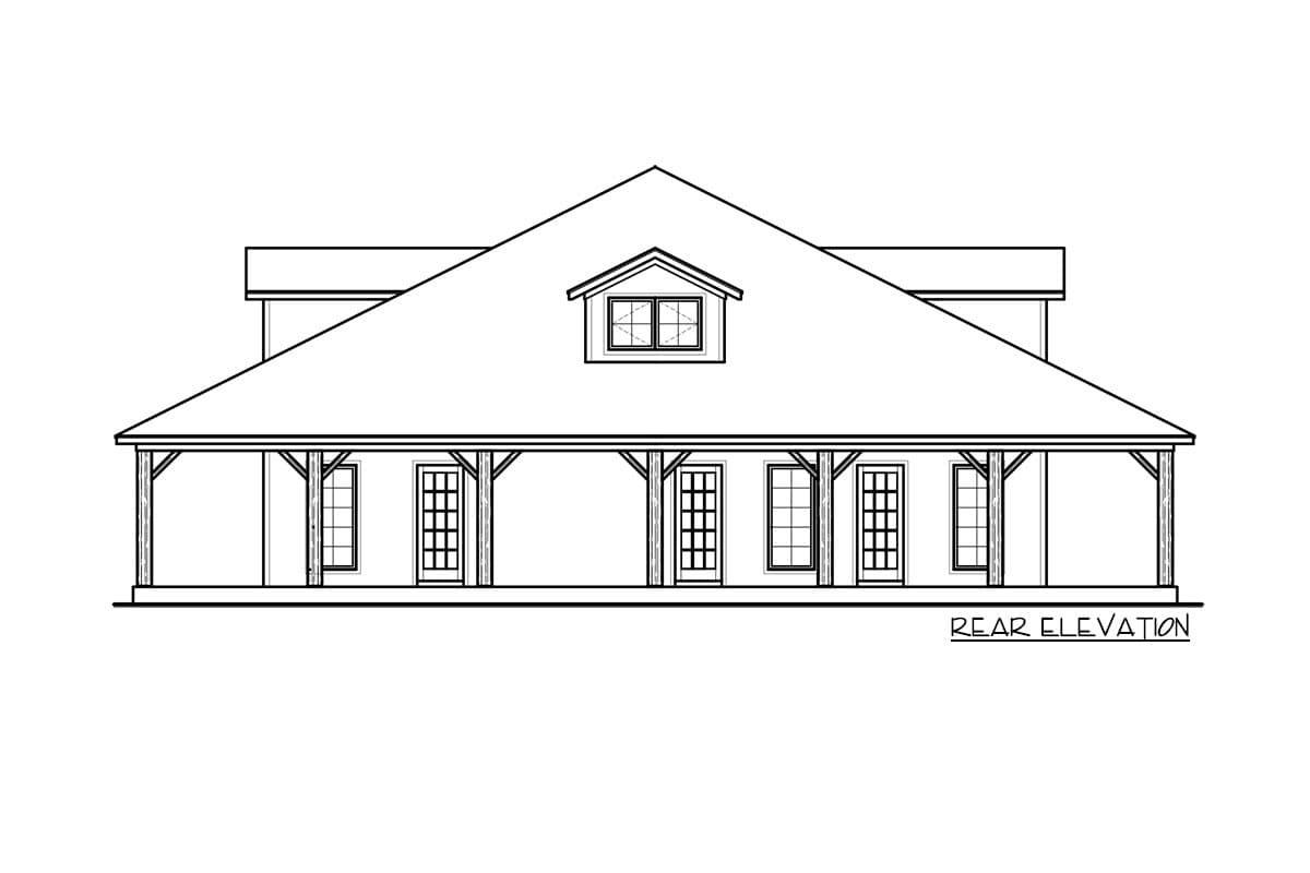 Rear elevation house plan featuring a full-width covered porch, dormer, and multiple windows and doors.