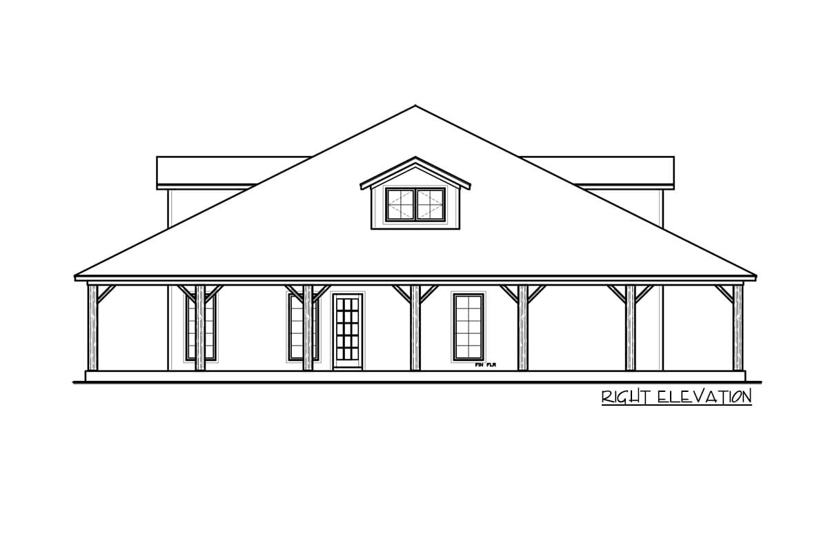 Right elevation house plan showing a wide, covered porch, dormer window, and central door with surrounding windows.