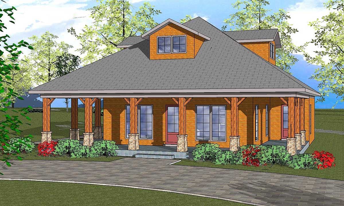 House plan exterior with Craftsman style. Features include a covered porch with stone columns, gable roof, and dormer.