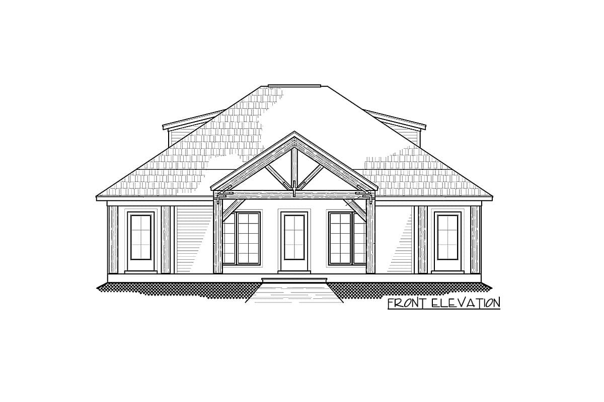 Front elevation drawing of a house plan with a prominent gable roof, exposed wood beams, and a covered entry with multiple windows.