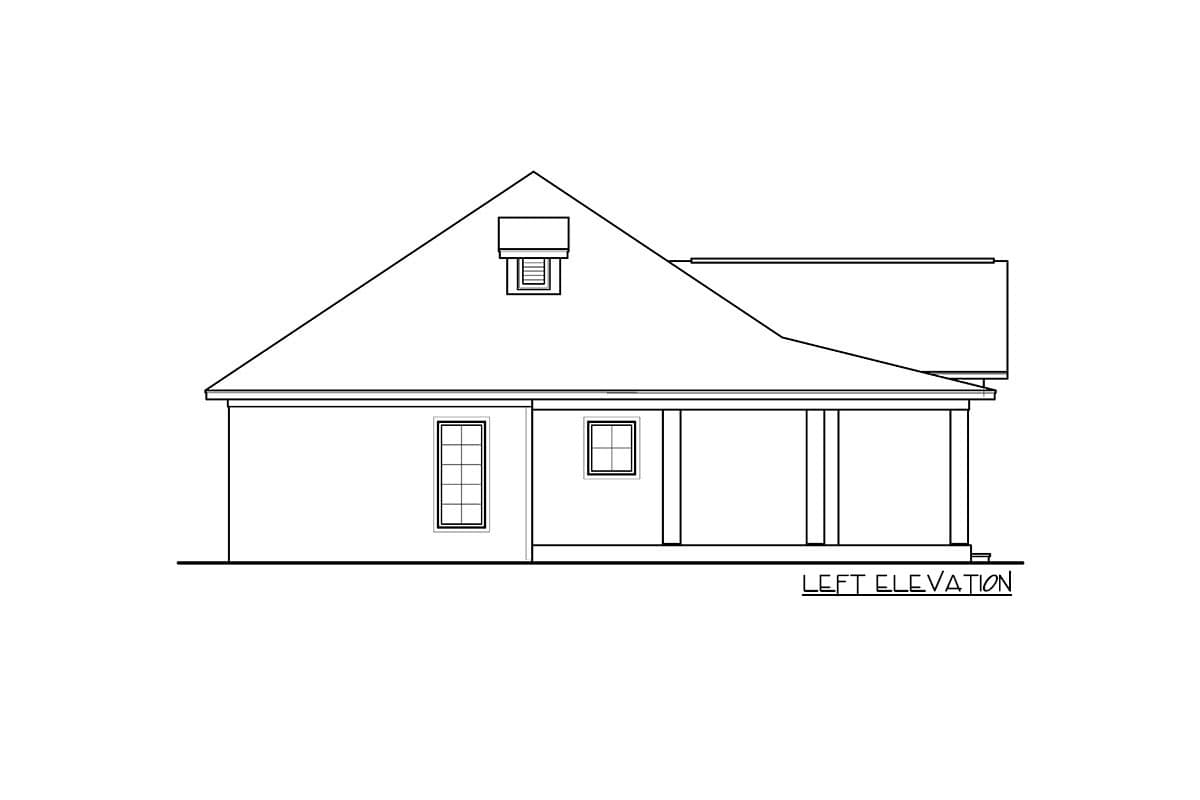 Left elevation drawing of a house plan, showing a gable dormer, two windows, and a covered porch with columns.