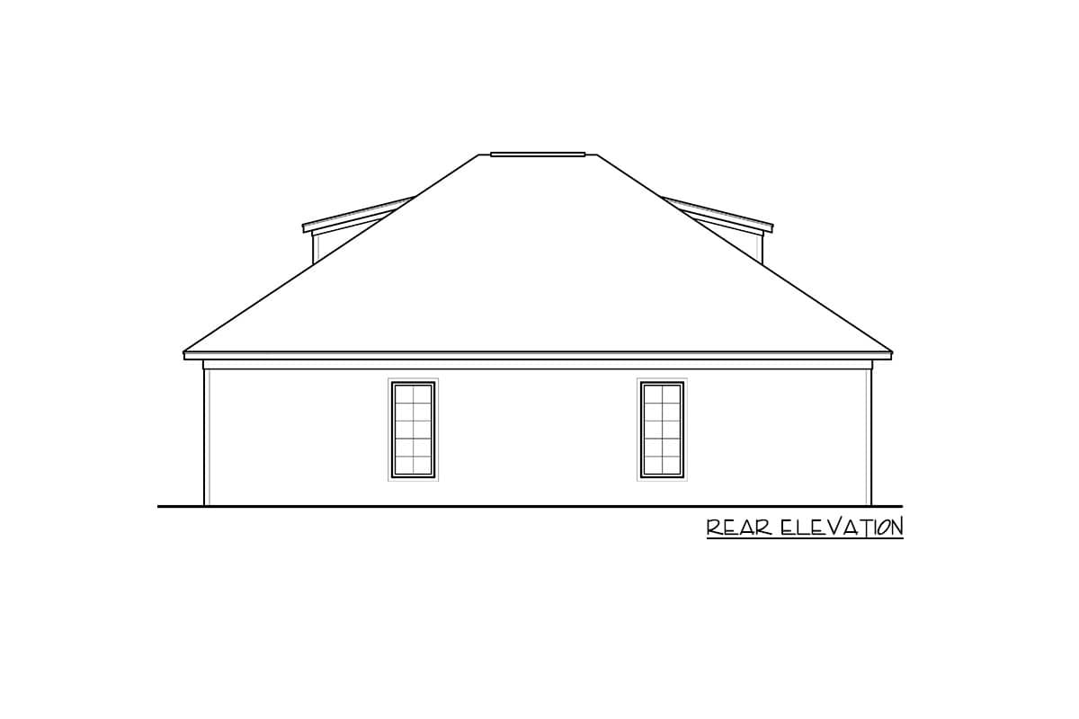 Rear elevation drawing of a house plan showing two windows and a hipped roof with dormers.