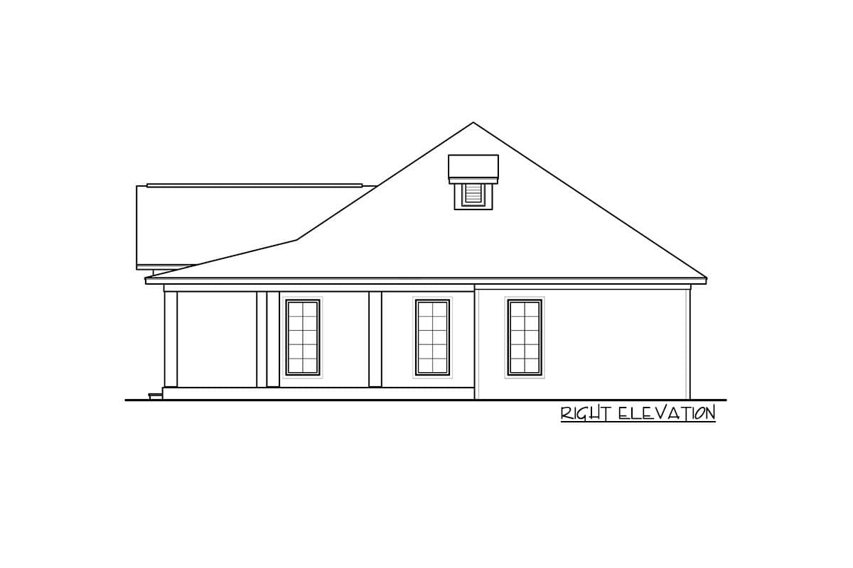 House plan right elevation with a covered porch, three windows, and a dormer.
