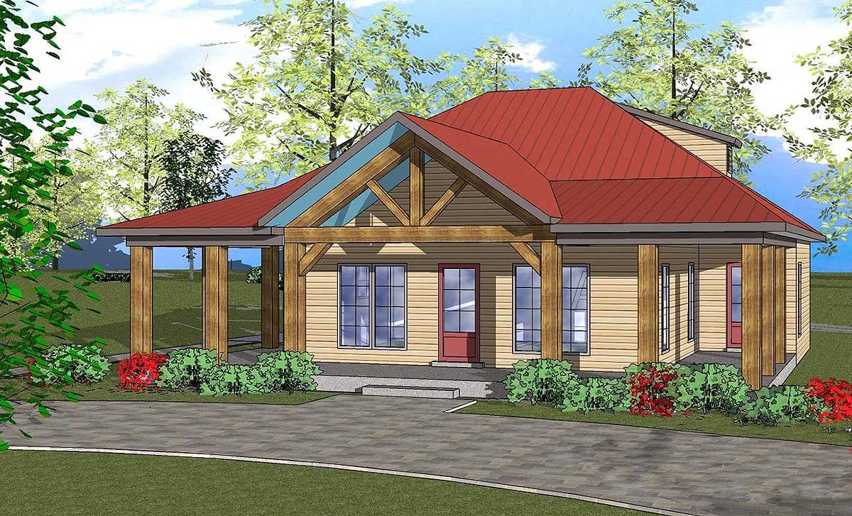 House plan exterior. One-story structure with a gable roof, timber-framed entry porch, and exposed rafter tails.